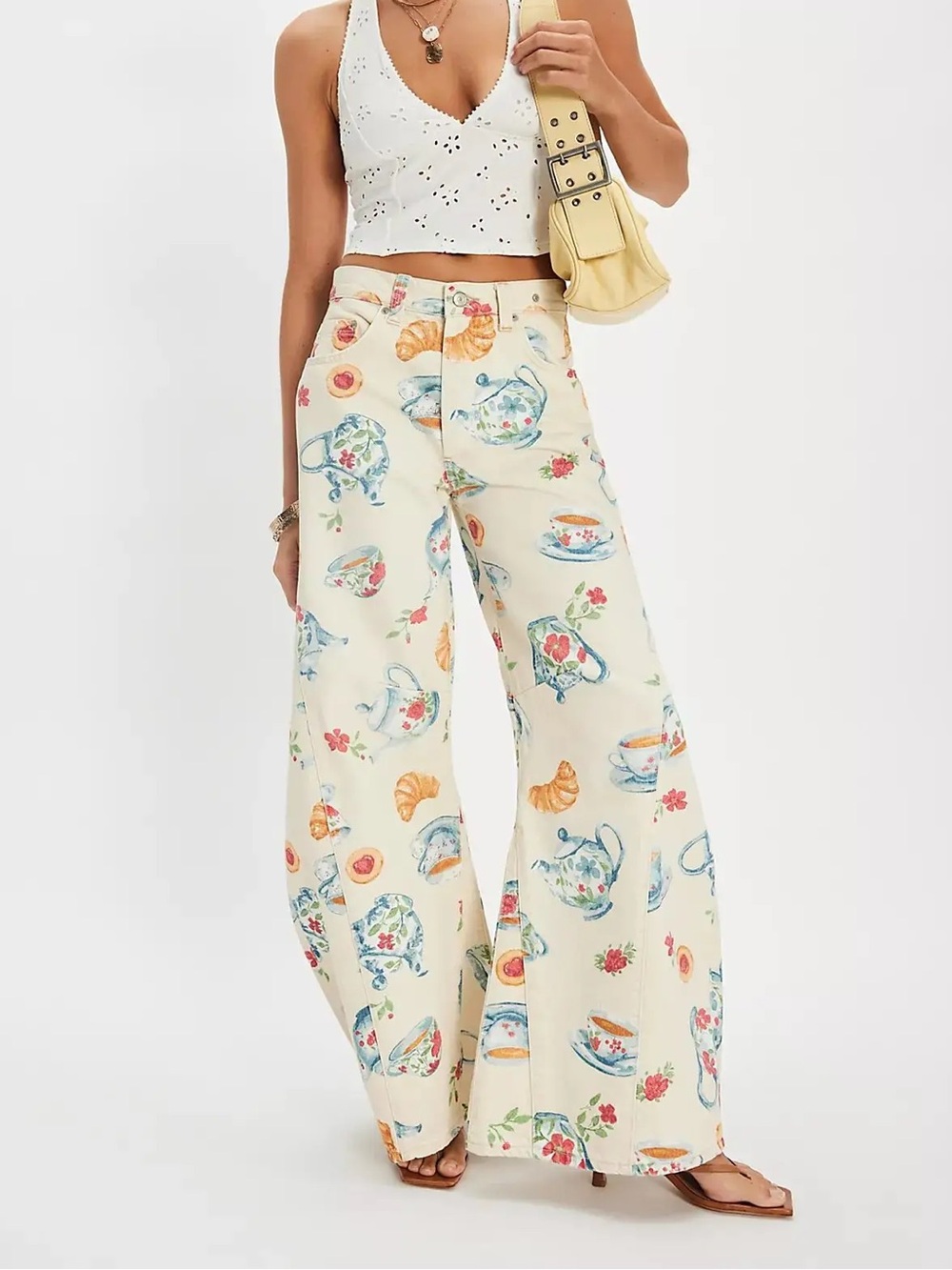 Free People Eden Printed Tea Pots High Slouchy Flare Jeans Size 32